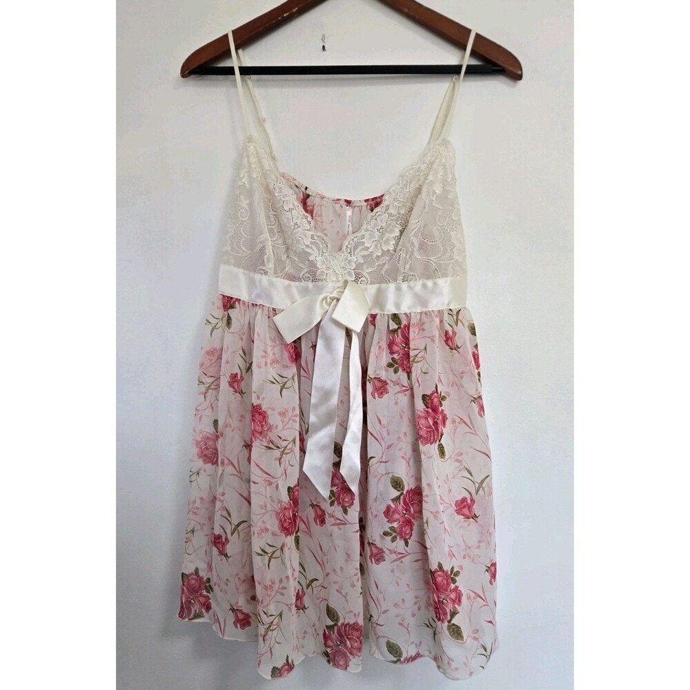 Inner Secrets Blouse Womens L Y2K Babydoll Lingerie Pink Sheer Floral Coquette